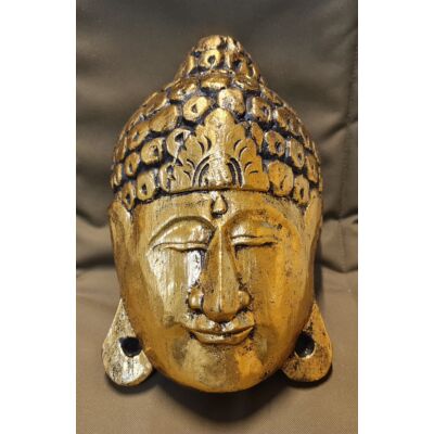 Buddha maszk, fából faragott fali dísz, kézzel festett, arany színű