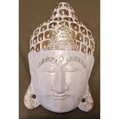 Buddha maszk, fából faragott fali dísz, fehér színű, arany díszítéssel