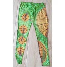 Hosszú legging világoszöld-narancs-barna-citrom batikolt mintázattal