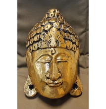 Buddha maszk, fából faragott fali dísz, kézzel festett, arany színű