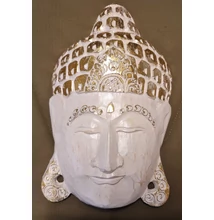 Buddha maszk, fából faragott fali dísz, fehér színű, arany díszítéssel