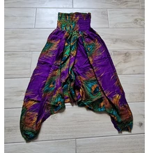 Buggyos aladdin nadrág lila alapon zöld-türkiz pávatoll mintázattal