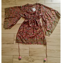 Boho Fashion elegáns mell alatt húzott, bővülő ujjú tunika rózsaszín-zöld színekkel 