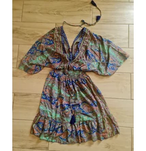Boho Fashion elegáns mell alatt húzott, bővülő ujjú tunika-ruha kék-zöld színekkel 