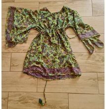Boho Fashion elegáns mell alatt húzott, elegáns bővülő ujjú tunika lila-zöld színekkel 