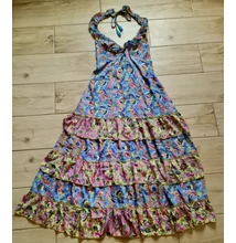 Boho Fashion világoskék-sárga mintás könnyű nyári ruha nyakba köthető fazonnal 