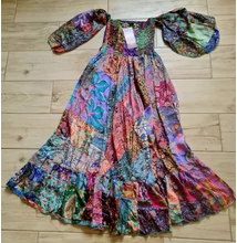 Boho Fashion patchwork mintás földig érő királylány ruha, bővülő ujjú fazonnal 