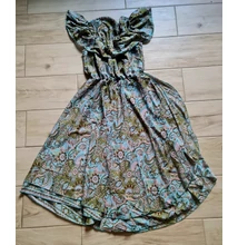 Boho Fashion bő fazonú, mell alatt szabott, aszimmetrikus vonalú, oldalt sliccelt szoknyájú zöld-világoskék ruha