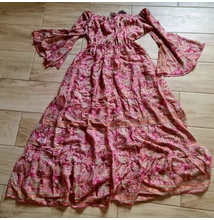 Boho Fashion világos rózsaszín-zöld mintás földig érő ruha, mell alatt húzott, bővülő ujjú fazonnal 