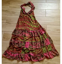 Boho Fashion bordó-rózsaszín-zöld mintás könnyű nyári ruha nyakba köthető fazonnal 