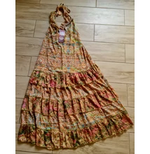 Boho Fashion narancs-kék-zöld mintás könnyű nyári ruha nyakba köthető fazonnal 