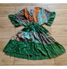 Boho Fashion zöld-narancs rövidujjú térdig érő uha mell alatti gumírozással, bő szoknyarésszel 