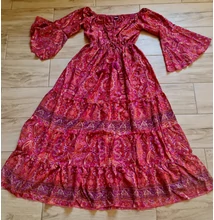 Boho Fashion piros-rózsaszín mintás földig érő ruha, mell alatt húzott, bővülő ujjú fazonnal 