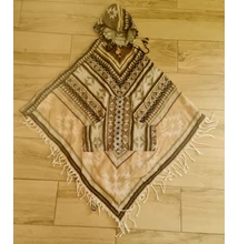 Kapucnis meleg, puha őszi poncsó zsebekkel bézs-zöld-barna színben