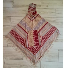 Kapucnis meleg, puha őszi poncsó zsebekkel bordó-bézs-szürke színben 2.
