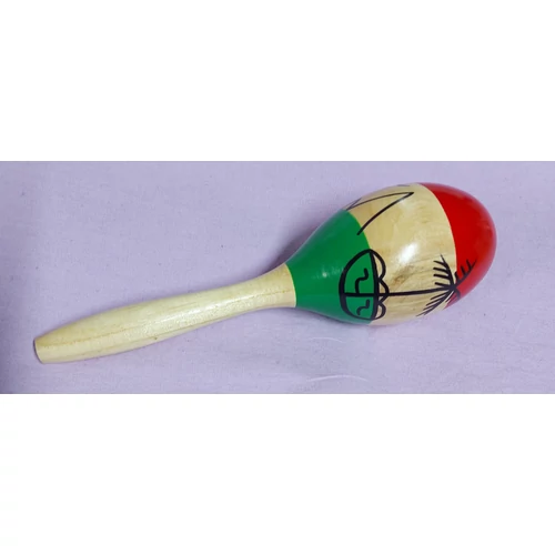 Maracas fa kézi nyeles csörgő, piros zöld festett csíkkal 25 cm-es hanganyaggal