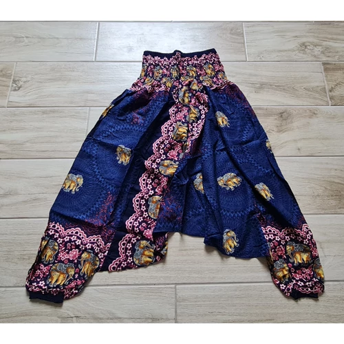 Indigókék-rózsaszín-sárga buggyos aladdin nadrág könnyű nyári anyagból, elefánt, virág és mandala mintákkal