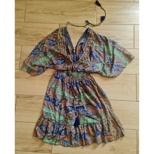 Boho Fashion elegáns mell alatt húzott, bővülő ujjú tunika-ruha kék-zöld színekkel 