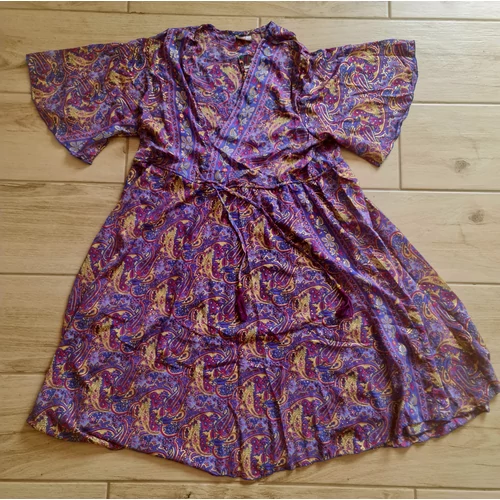 Boho Fashion elegáns mell alatt húzott,  rövidujjú tunika lila-sárga színekkel 
