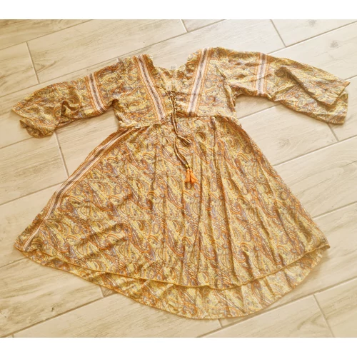 Boho Fashion elegáns mell alatt szabott, bővülő ujjú tunika sárga-narancs színekkel 