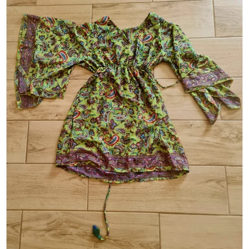 Boho Fashion elegáns mell alatt húzott, elegáns bővülő ujjú tunika lila-zöld színekkel 