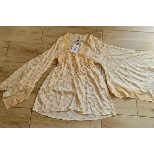 Boho Fashion elegáns mell alatt szabott, bővülő ujjú tunika bézs-arany színekkel 