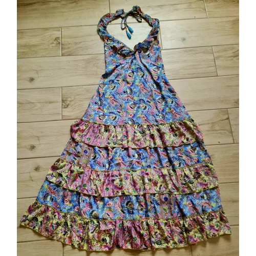 Boho Fashion világoskék-sárga mintás könnyű nyári ruha nyakba köthető fazonnal 