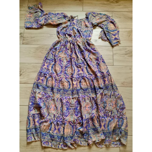 Boho Fashion liláskék-rózsaszín mintás földig érő ruha, mell alatt húzott, bővülő ujjú fazonnal 
