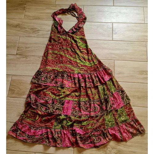 Boho Fashion bordó-rózsaszín-zöld mintás könnyű nyári ruha nyakba köthető fazonnal 