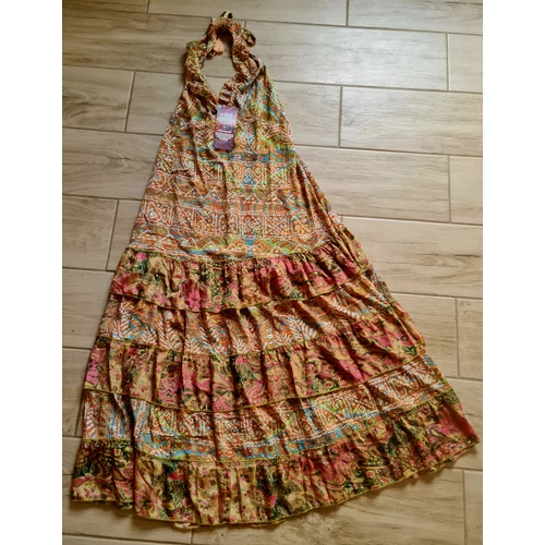 Boho Fashion narancs-kék-zöld mintás könnyű nyári ruha nyakba köthető fazonnal 