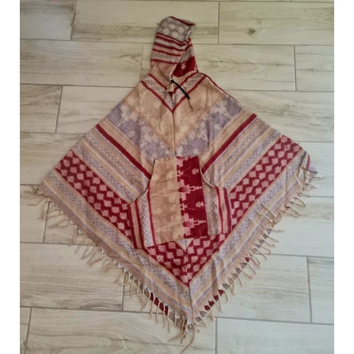 Kapucnis meleg, puha őszi poncsó zsebekkel bordó-bézs-szürke színben 2.